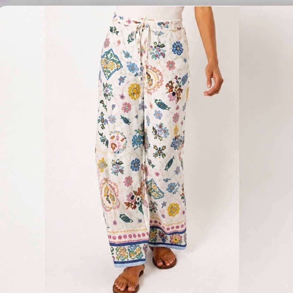 Label of Love Linen Blend Wide Leg Pants Mediterranean Lemon Print White Medium